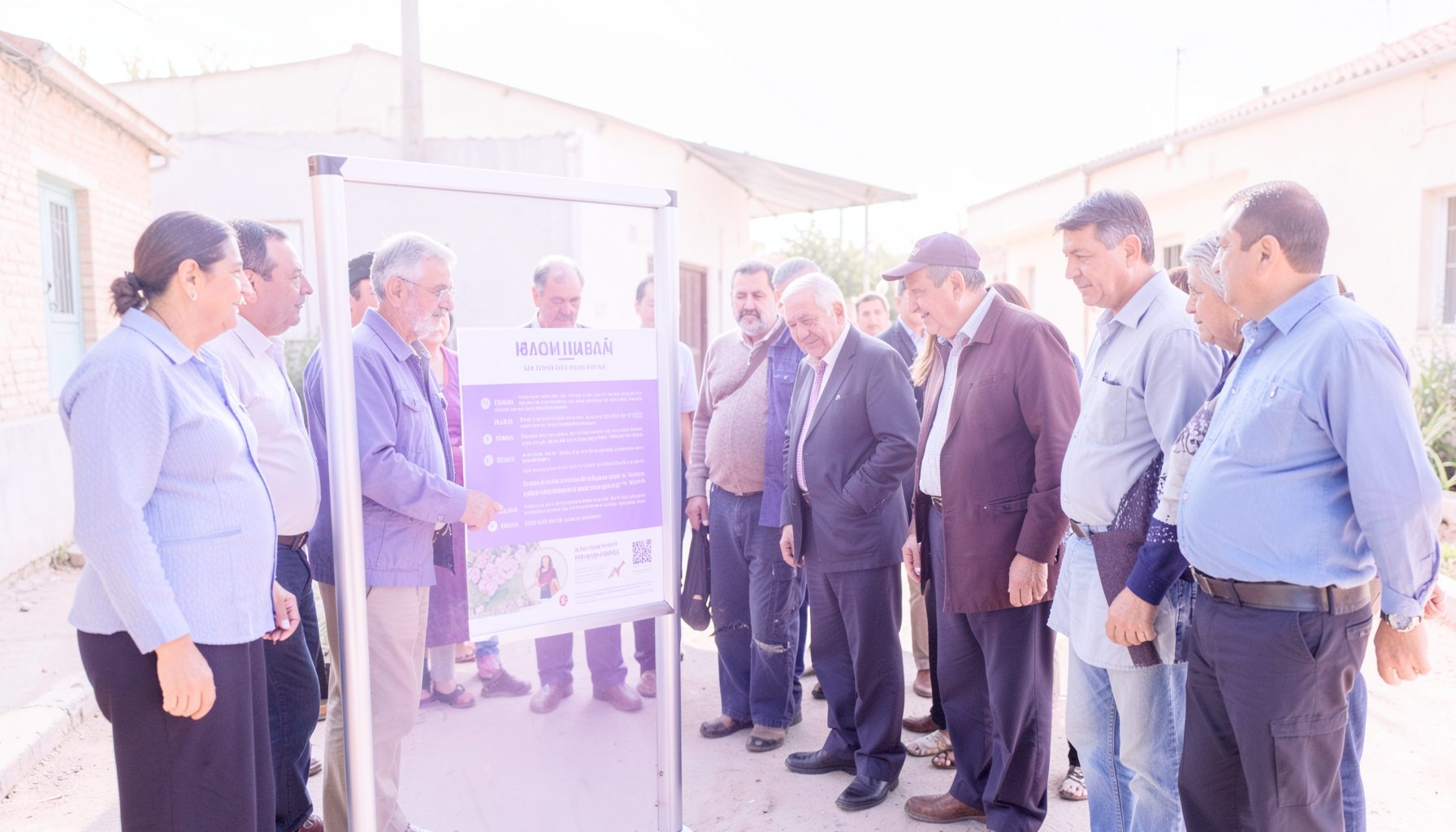Aydınlık bir toplantı salonunda bilgilendirme panosu önünde toplanan mahalle sakinleri, sıcak tonlarda iç mekân